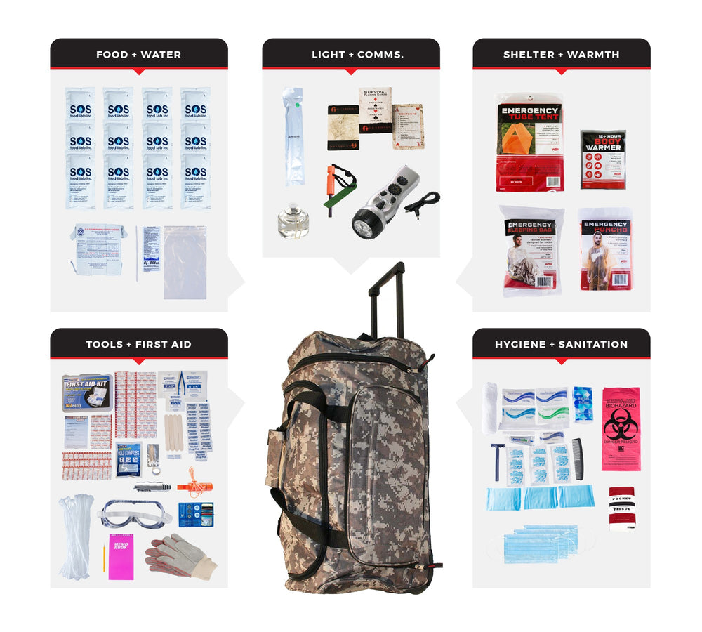 1 Person Comfort Survival Kit, Rolling Bag, Camo.